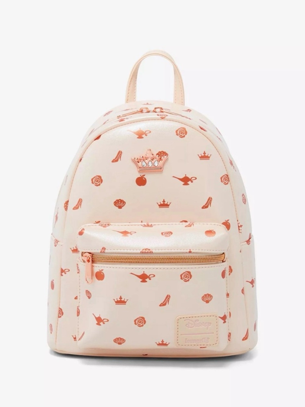 LOUNGEFLY Mini Backpack: Princess Icon Iridescent Pink Rose Gold Crown Print